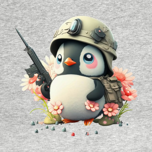 The clever penguin in military uniform with helmet and weapon by EUWO